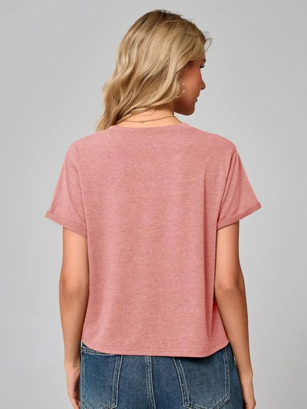 Women's Pink Summer Short Sleeve Crewneck Crop Casual and Flowy Style T Shirt - Picture 3 of 6